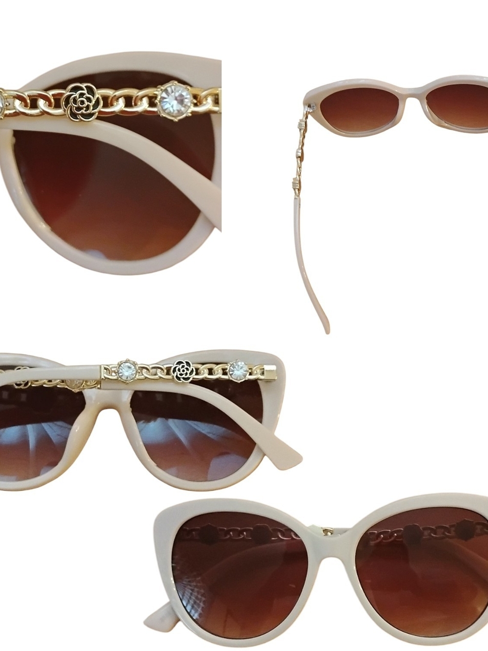Beige Cat-Eye Sunglasses with Gold Chain Accent